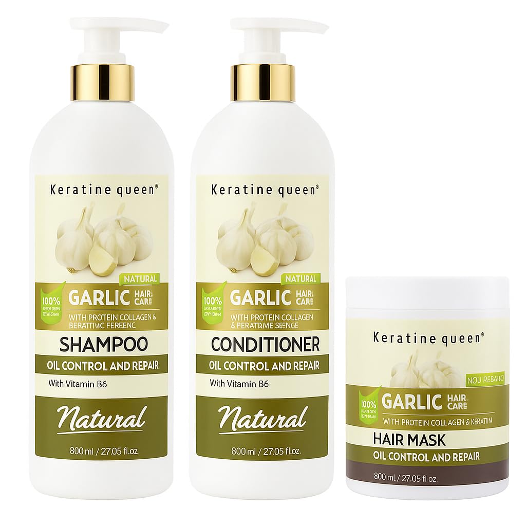 STYLE TREE Keratinequeen Garlic Hair Repair Set - Shampoo, Conditioner & Mask with Collagen & Keratin - 3-Piece Sulfate-Free Set for Hair Loss, Oil