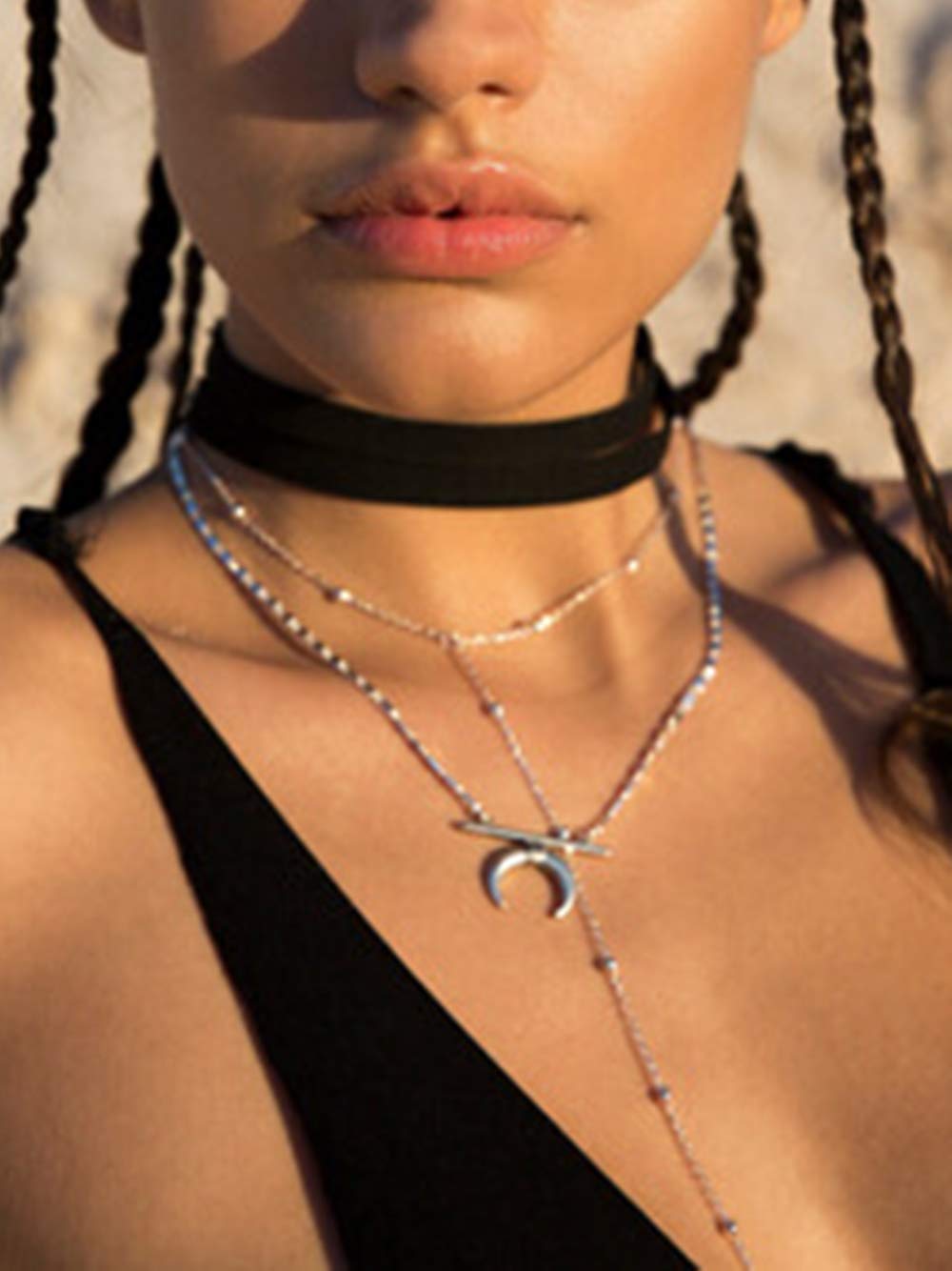 DoubleNine Bohemian Wrap Choker Layered Necklace Sets Retro Vegan Suede Lariat Beach Accessories with Coin Tassels for Women Girls (choker+necklace)