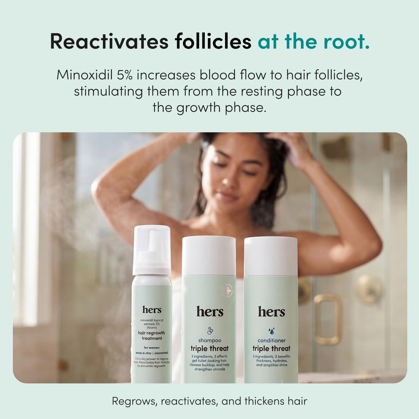 hers Triple Threat Shampoo, Conditioner, & Minoxidil Set - Includes 5% Minoxidil Foam Solution - Hair Thickening & Strengthening Formula