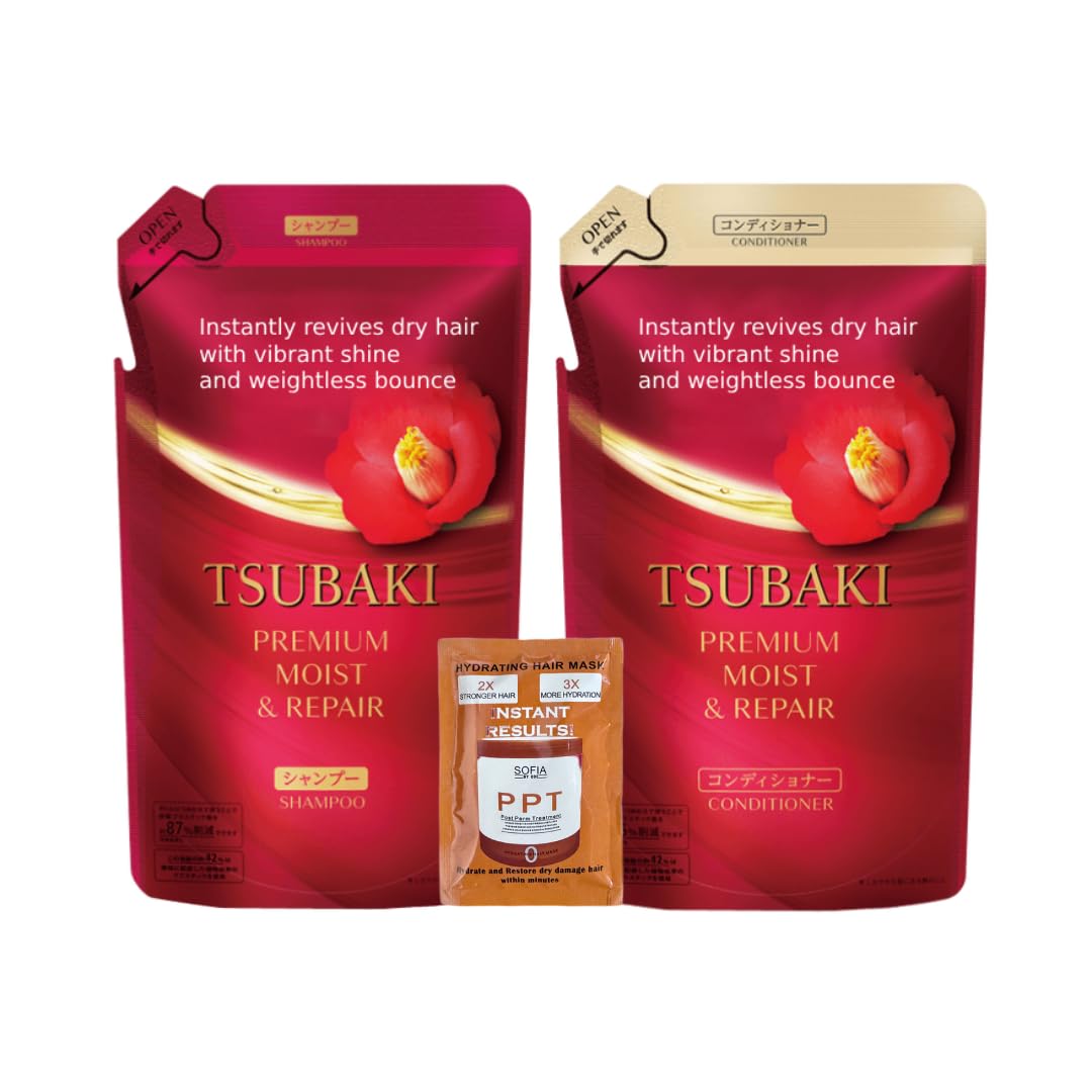 Bundle Moist Repair Tsubakii Shampoo and Conditioner Refill Set - Camellia Oil - Moisturizes, Protects Dry Damaged Hair, 300ml+300g