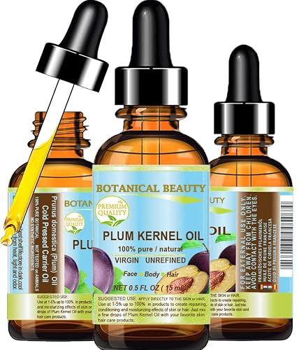 Botanical Beauty French PLUM KERNEL OIL 100% Pure Natural Virgin Unrefined Cold Pressed Carrier Oil 0.5 oz- 15 ml for Face, Skin, Hair, Lips, Nails