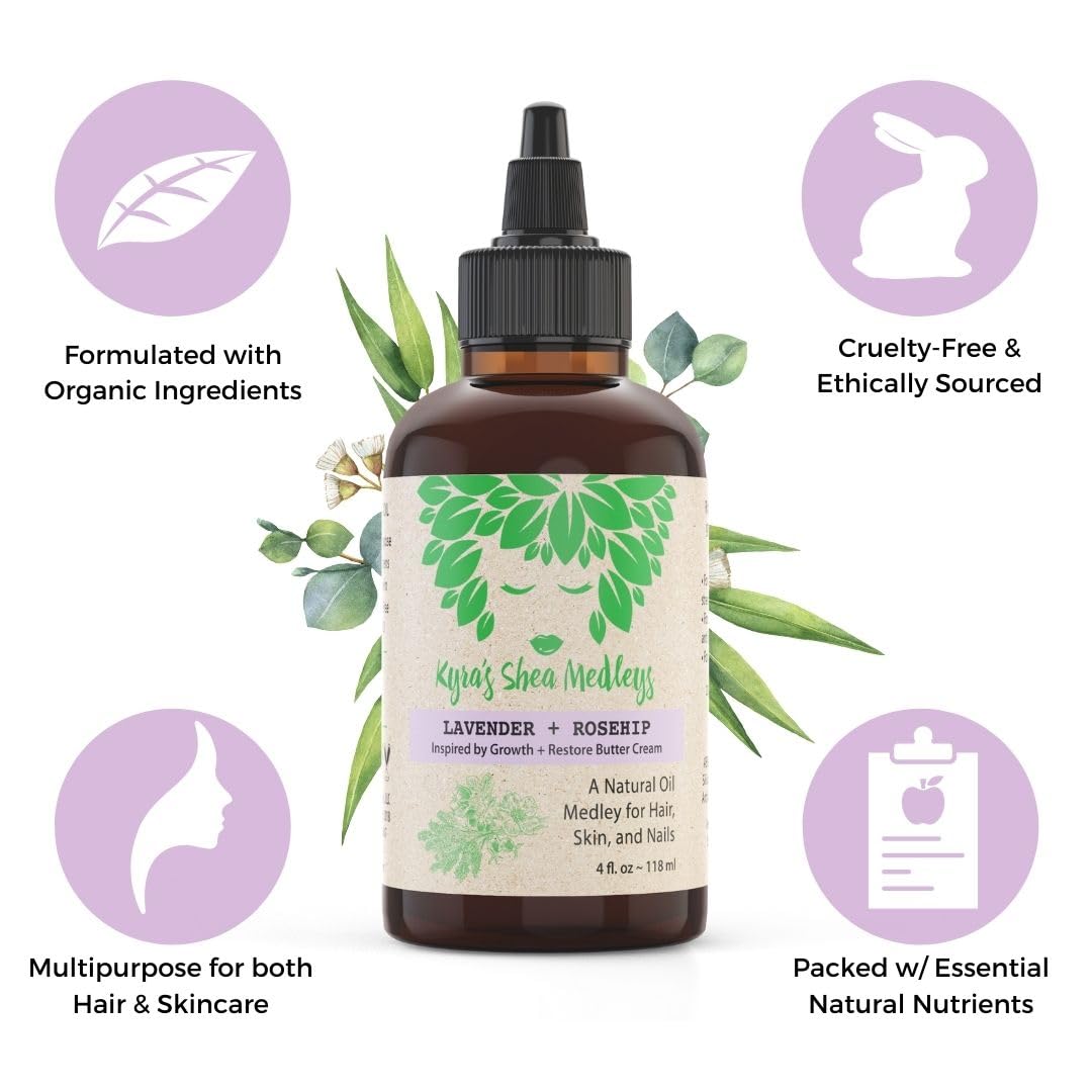 Multiuse Lavender + Rosehip Oil Medley for Face, Body, and Hair - Natural Rosehip Oil, Shea Nut Oil, Lavender Essential Oil, and Vitamin E - Seals in