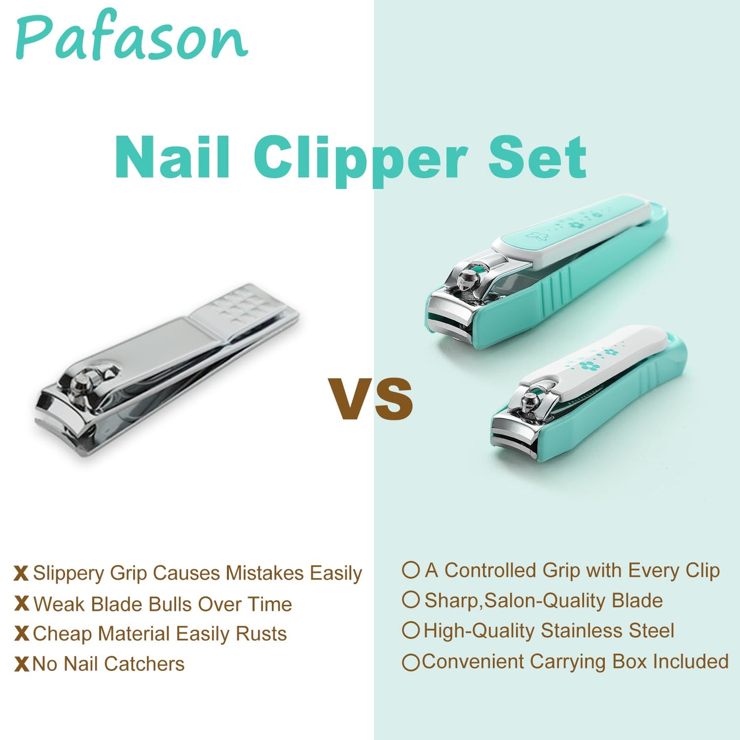 PAFASON Ultra Sharp Nail Clipper Set, 2 Pack Fingernail and Toenail Trimmer Cutter, Stainless Steel, Curved Blade, Sturdy, Nail Catcher, Nail Files