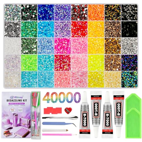 Gikboup 40000 Pcs 40 Colors Bedazzling Kit with Rhinestones,3mm Jelly AB Resin Flatback Gems with 4 B-7000 Glue, 40-Grid Storage Box, Tweezers, Trays Beauty and Personal Care Gikboup Default Title