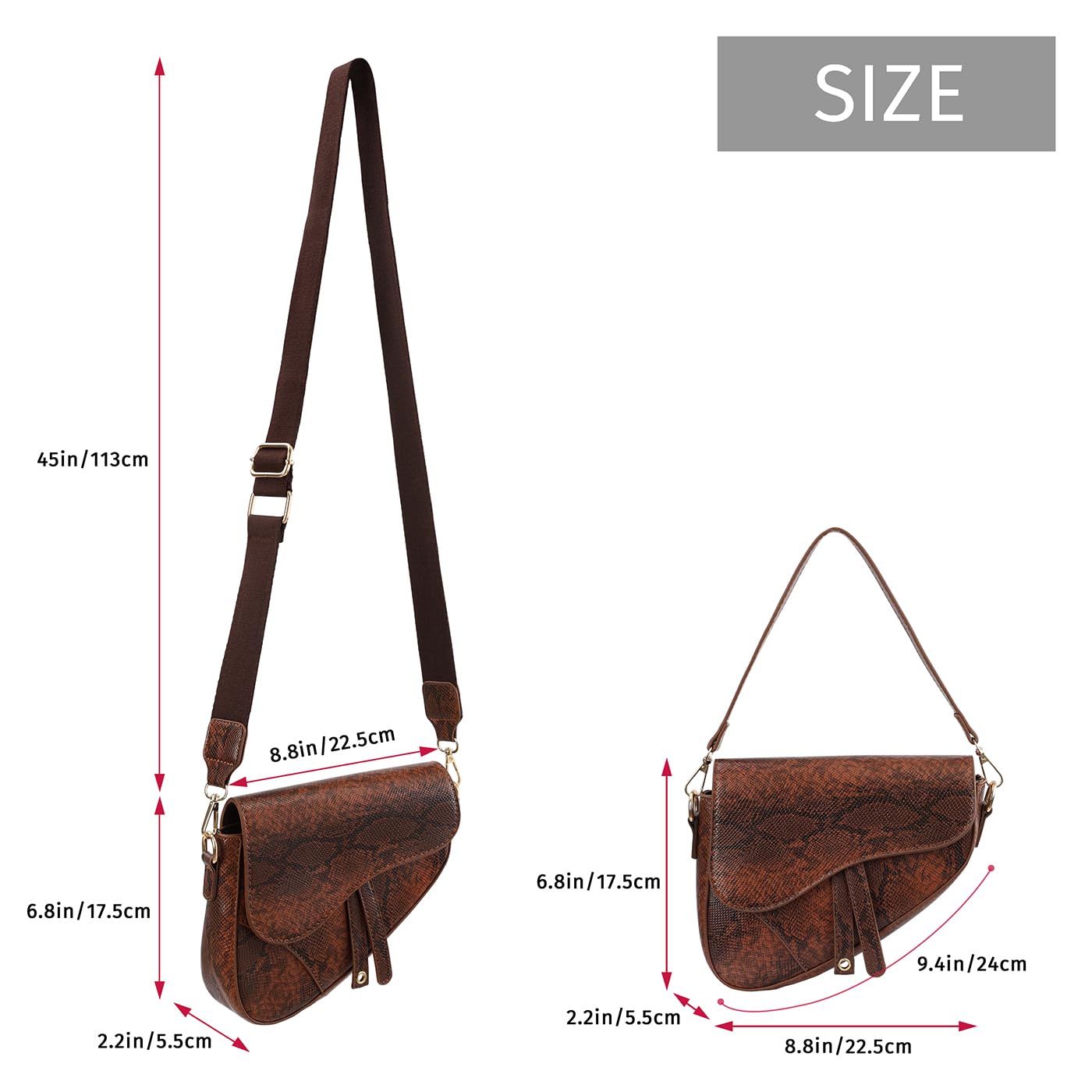 HDE Women's Saddle Shoulder Bag PU Leather Crossbody Purse Crocodile Handbag - Brown Snakeskin