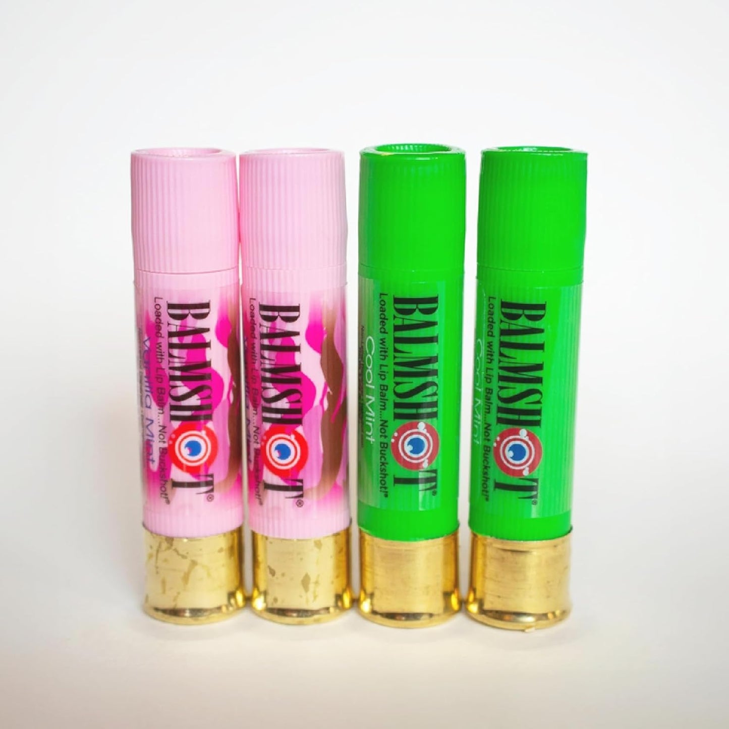 BALMSHOT Lip Balm 4-Pack - Minty Combo Variety Pack - (2) Cool Mint & (2) Vanilla Mint - SPF 15 Beeswax Chapstick Formula, 20-Gauge Brass Shotgun