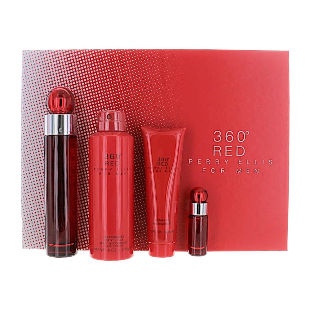 360 Red by Perry Ellis for Men - 4 Pc Gift Set 3.4oz EDT Spray, 0.25oz EDT Spray (Mini), 6oz Body Spray, 3oz Shower Gel