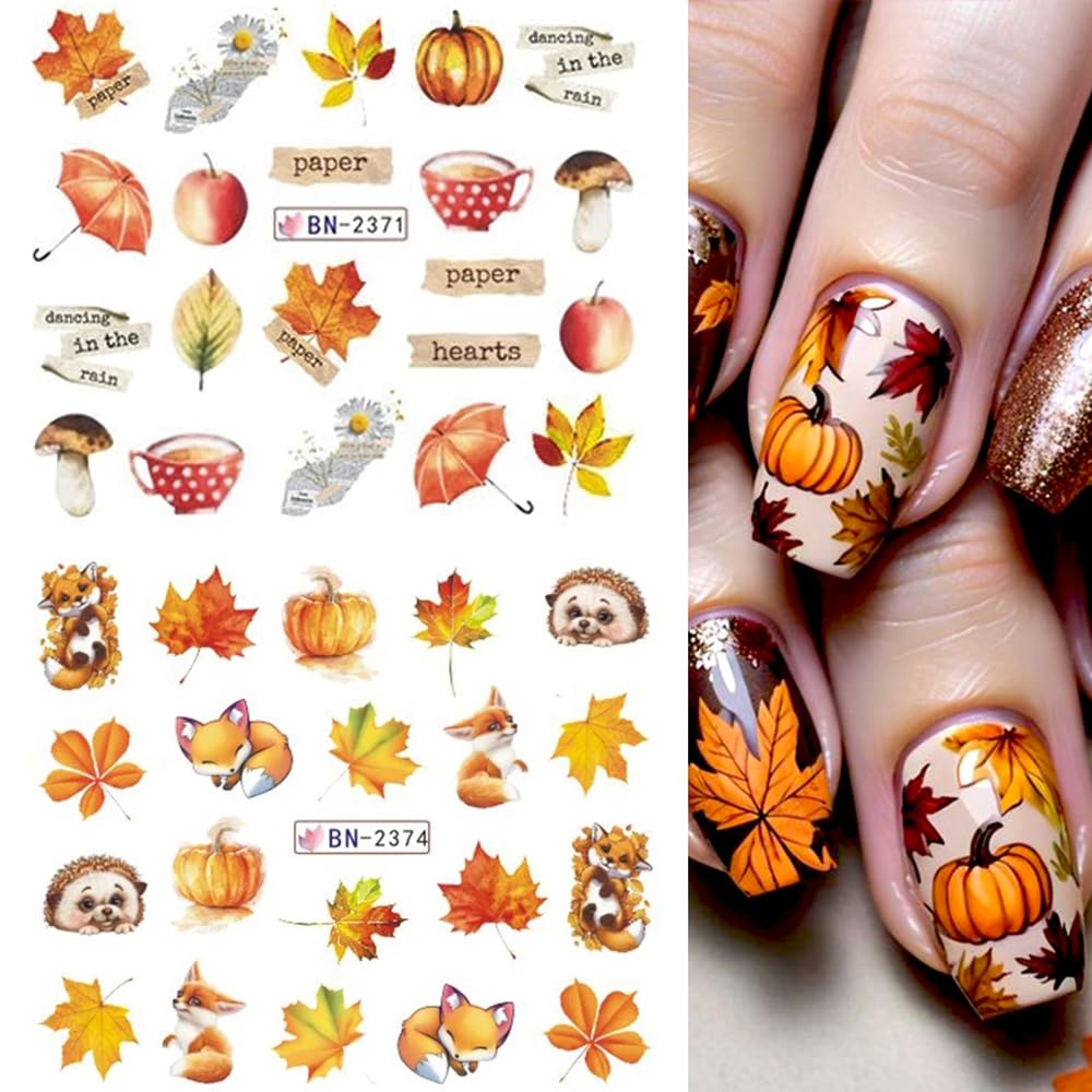 12Sheets Fall Nail Stickers Autumn Maple Leaf Pumpkin Halloween Thanksgiving Water Transfer Nail Decal for Women Girls Kids DIY Decorations