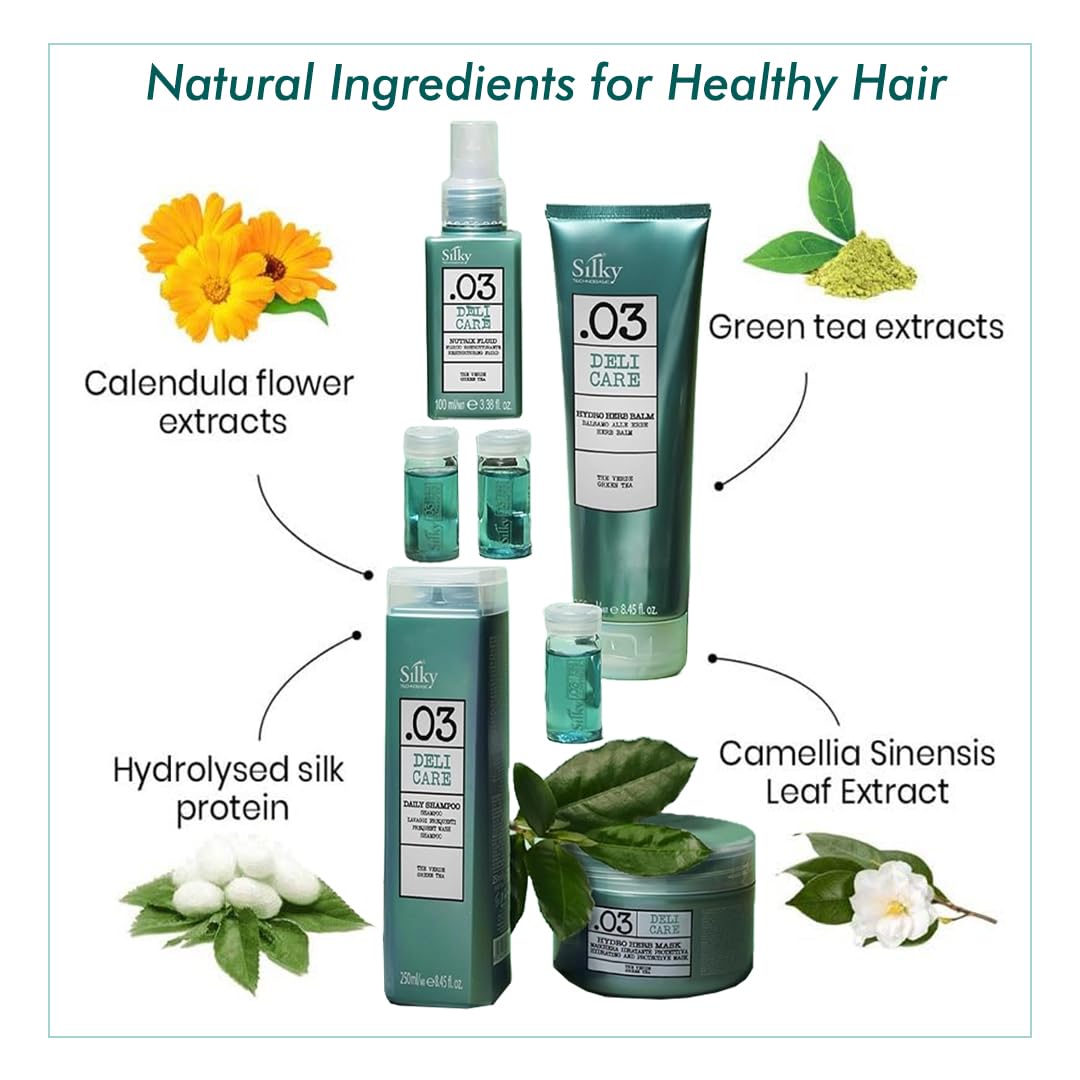 SILKY Technobasic .03 Deli Hair Care Set for All Hairs - 4-In-1 Kit with Hair Growth Oil, Hydrating Hair Balm & Shampoo for Stronger Strands - Hair