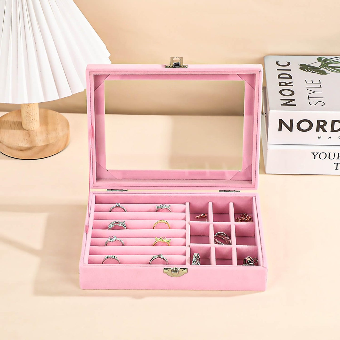 XINHONGJIN Velvet Jewelry Box, Jewelry Box, Watch Storage Box Necklace Ring Earring Storage with Lid, Antioxidant, Adjustable (pink)