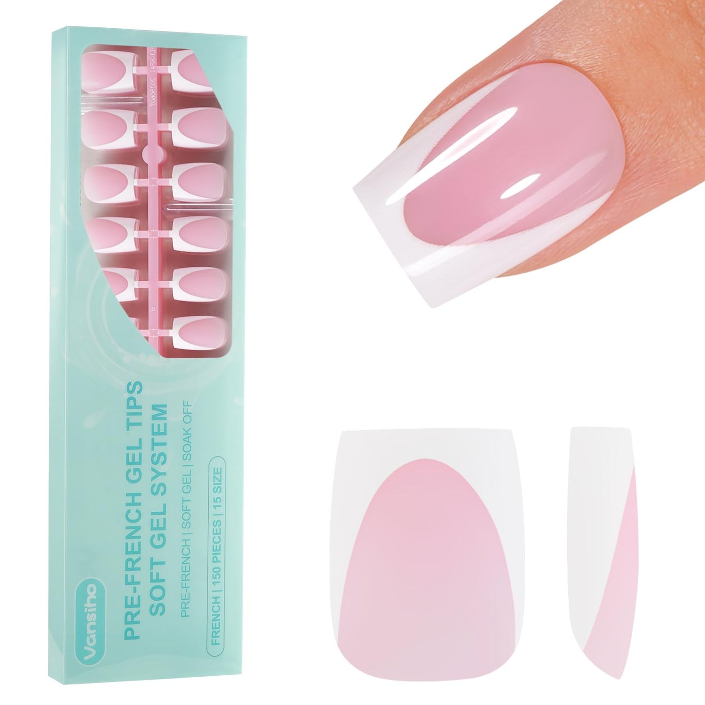 Vansiho Deep French Gel Nail Tips, 150Pcs Short Square French Tips Press on Nails, Pink Soft Gel Nails, Fake Nails for Nail Art DIY 15 Sizes Beauty and Personal Care Vansiho Default Title