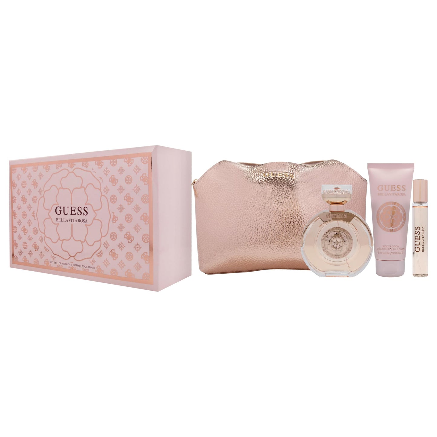 Guess Bella Vita Rosa by Guess for Women - 4 Pc Gift Set 3.4oz EDT Spray, 0.5oz EDT Travel spray, 3.4oz Body Lotion, Pouch