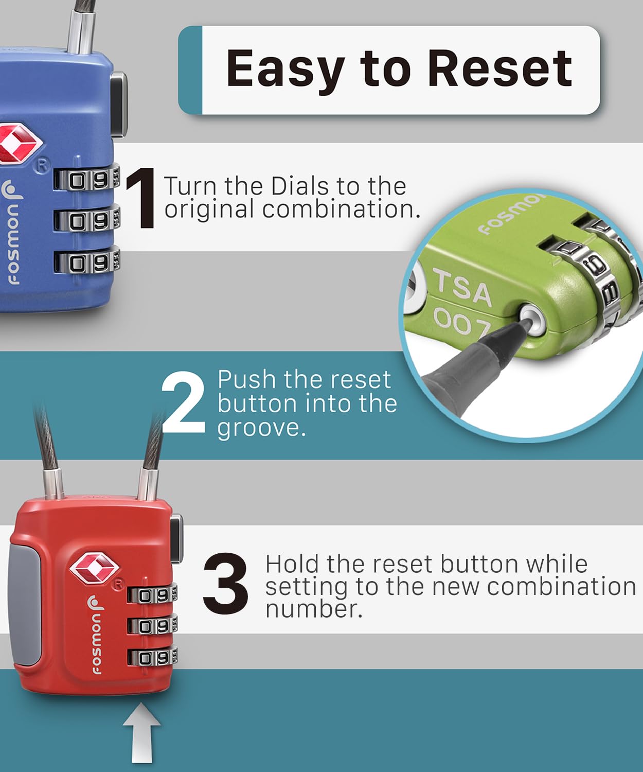 Fosmon TSA Approved Luggage Locks – 3 Digit Combination Cable Padlock with Long Shackle for Suitcases, Backpacks, Gym Lockers & Travel