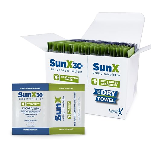 CoreTex Sun X 30+ Broad Spectrum Sunscreen Packets & Dry Towels Duo Kit - Pack of 25 Paraben, Oxybenzone, Octinoxate, & Oil Free Sunscreen - No White