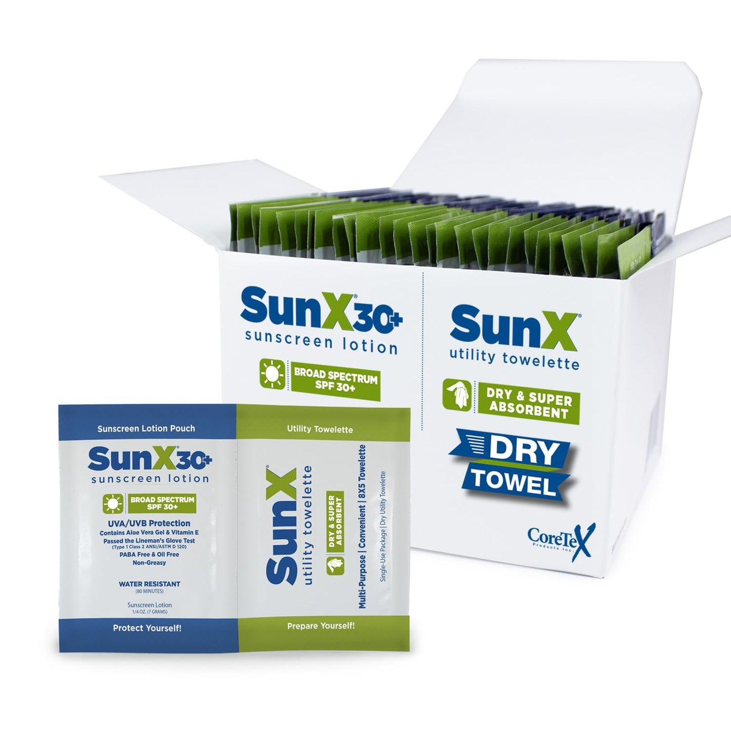 CoreTex Sun X 30+ Broad Spectrum Sunscreen Packets & Dry Towels Duo Kit - Pack of 25 Paraben, Oxybenzone, Octinoxate, & Oil Free Sunscreen - No White