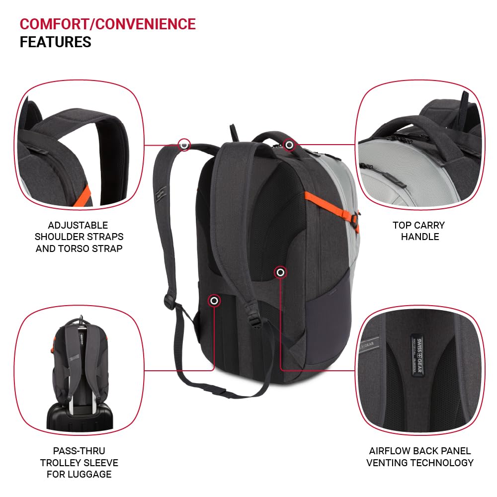 SwissGear UrbanPro Laptop Backpack, Laptop Bag Fits Most 16-Inch Laptops, Commuter Friendly Trolley Sleeve, Ideal for Work, Travel or School - Light Grey/Charcoal (18.5-Inch)
