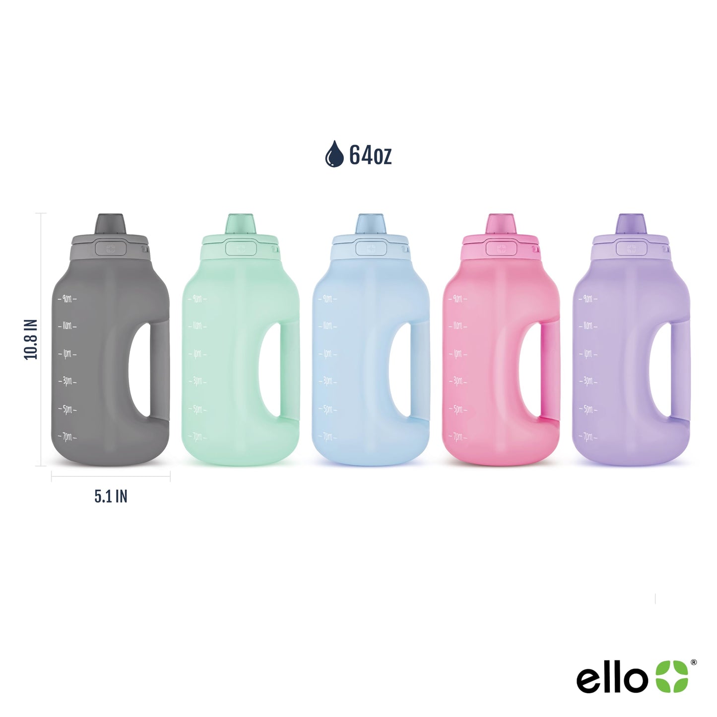 Ello Hydra 64oz Half Gallon Water Jug with Handle and Motivational Time Markers for All Day Hydration, Plastic Reusable Water Bottle with Straw…