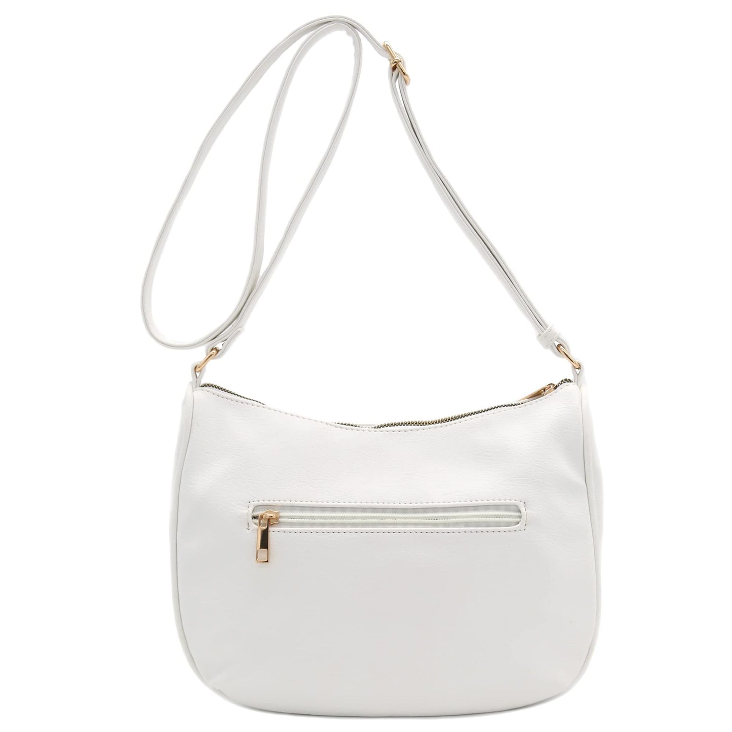 FashionPuzzle Faux Leather Two Front Zipper Pocket Crossbody Saddle Bag (White)