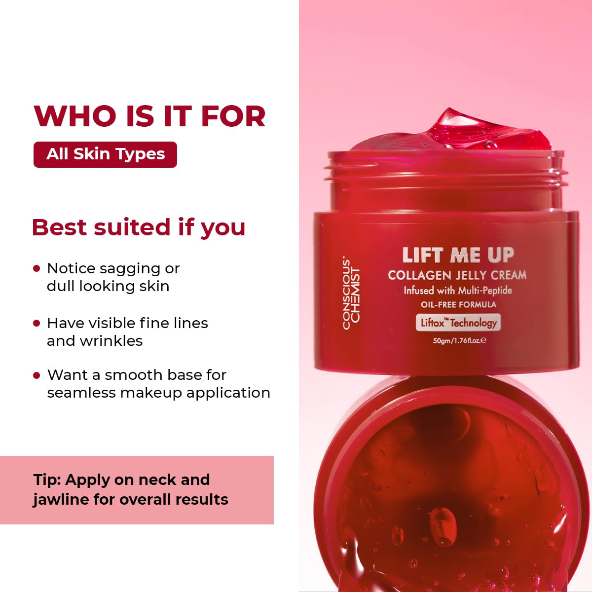 Conscious Chemist Collagen Jelly Face Cream Niacinamide & Hydrolyzed Collagen Powered by 6 peptides & Liftox technology Sagging, Fine lines & Dullness