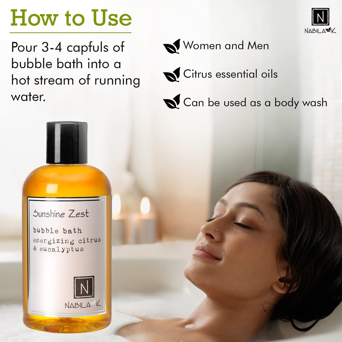 Sunshine Zest Travel Size Bubble Bath with Citrus & Eucalyptus Scent by Nabila K - Essential Oils, Natural Ingredients for Sensitive Skin, Gentle