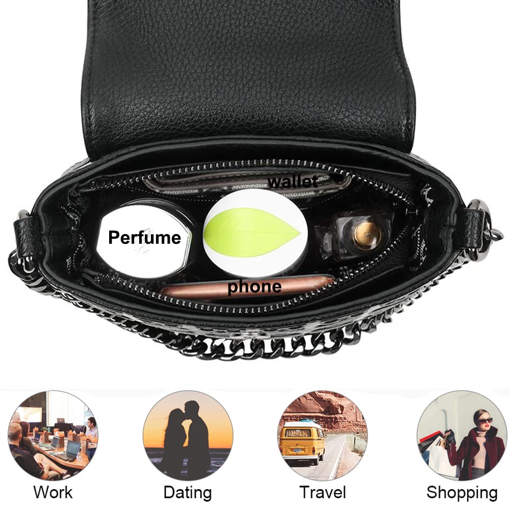 Downupdown Skull Handbags Purse Women Satchel Crossbody Bag Goth Chain Shoulder Bag Small Tote Hobo Bags Flap Zip Phone Bag-Black