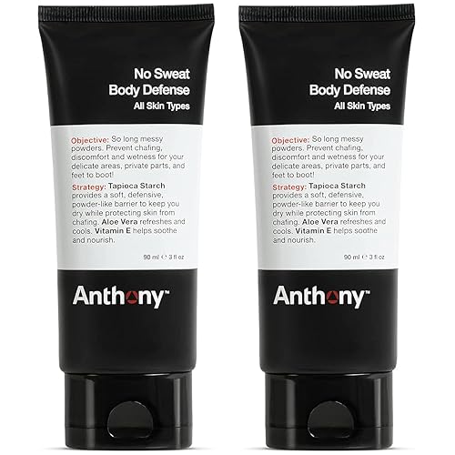 Anthony No Sweat Body Defense Deodorant for Men, Anti-Chafing & Anti-Itch Cream-to-Powder Lotion for Groin, Thighs & Underarms, Talc-Free, Absorbs