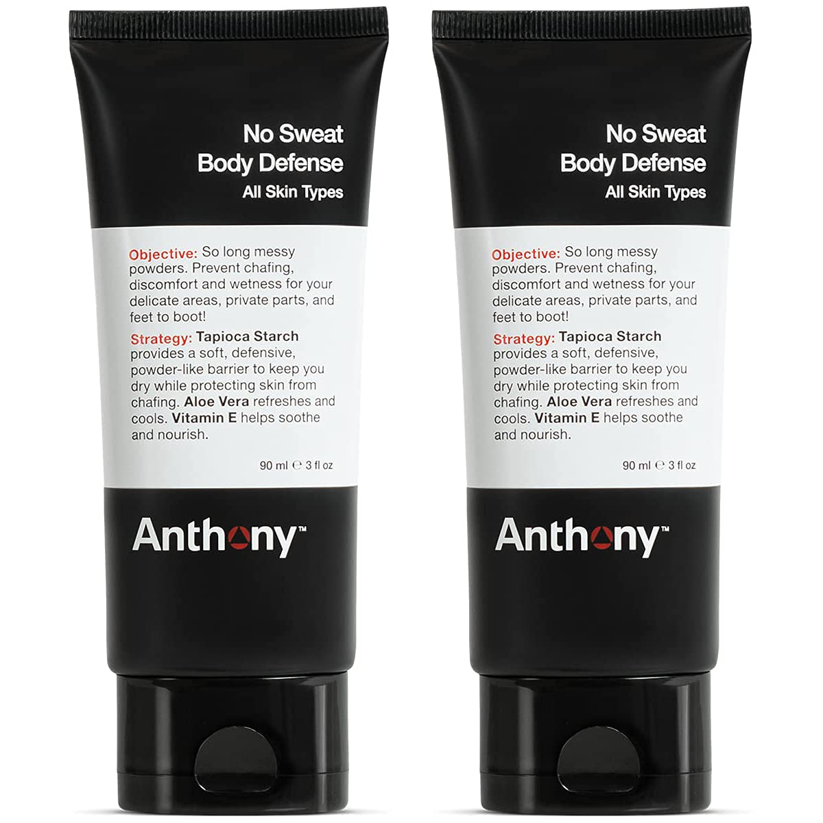 Anthony No Sweat Body Defense Deodorant for Men, Anti-Chafing & Anti-Itch Cream-to-Powder Lotion for Groin, Thighs & Underarms, Talc-Free, Absorbs