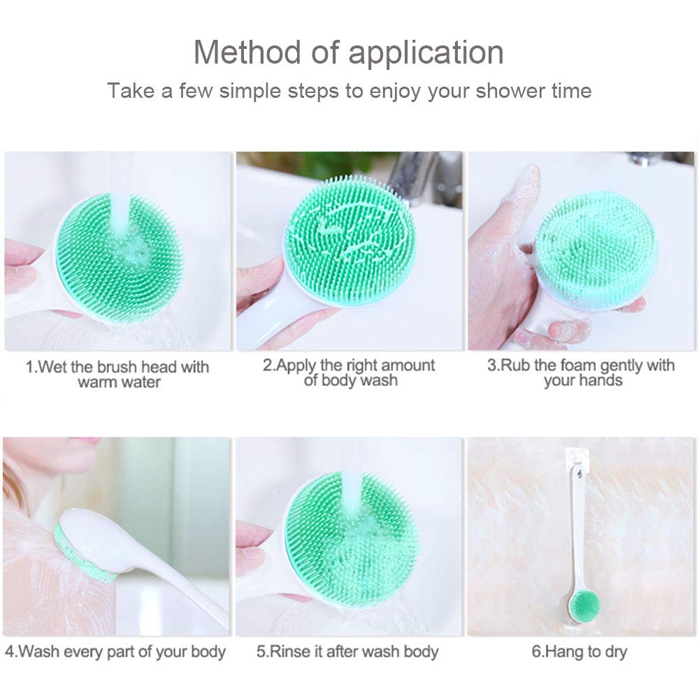 Silicone Body Scrubber Exfoliator, Back Brush Long Handle for Shower with Soft Bristles, Shower Brush Scrubber for Body Men and Women, BPA Free