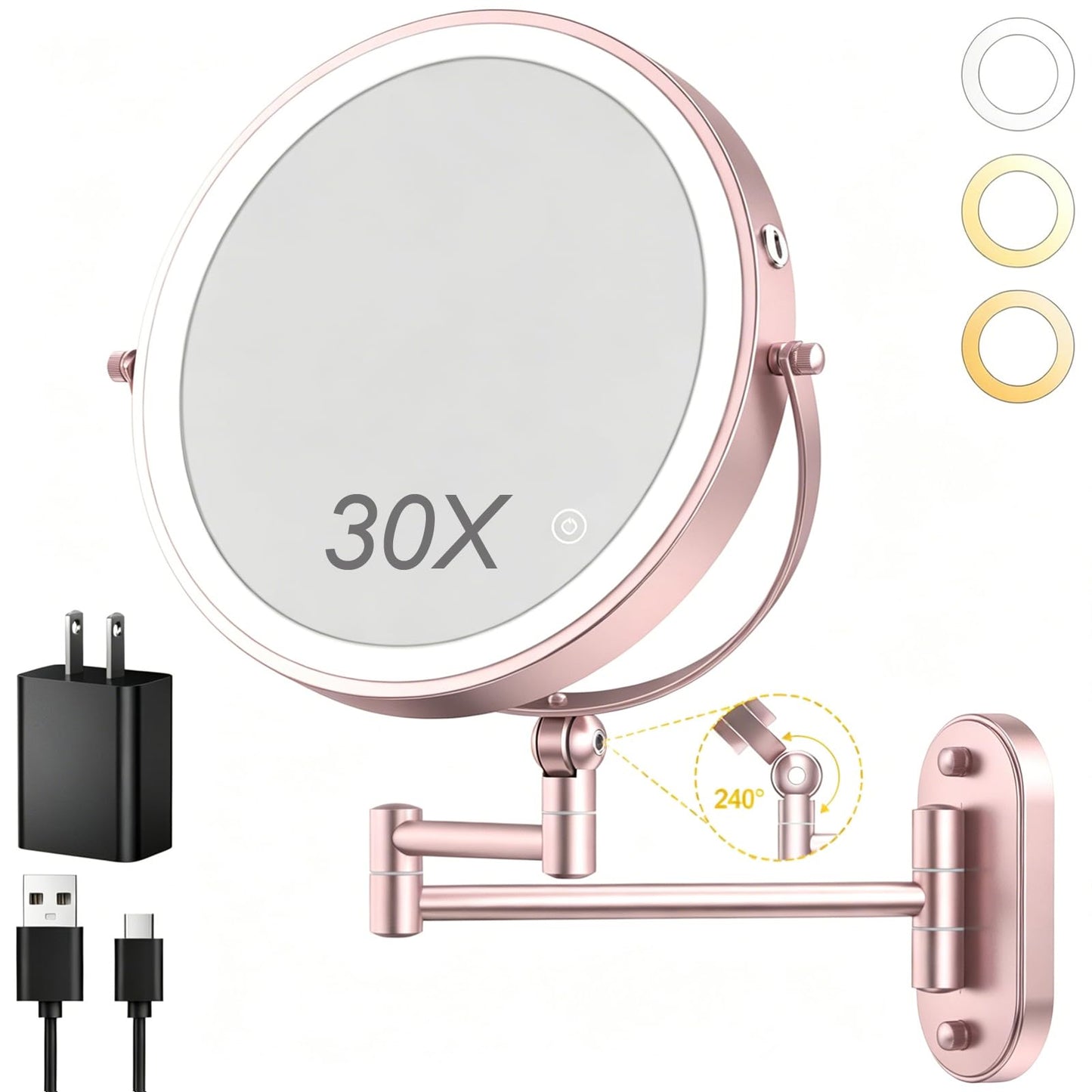 9" Wall Mounted Lighted Makeup Mirror,4000mAh Rechargeable Double Sided 1X/30X Magnifying Mirror with Light,Touch Dimmable,Extended Arm 360 Rotation Beauty and Personal Care ZLOKLA Default Title