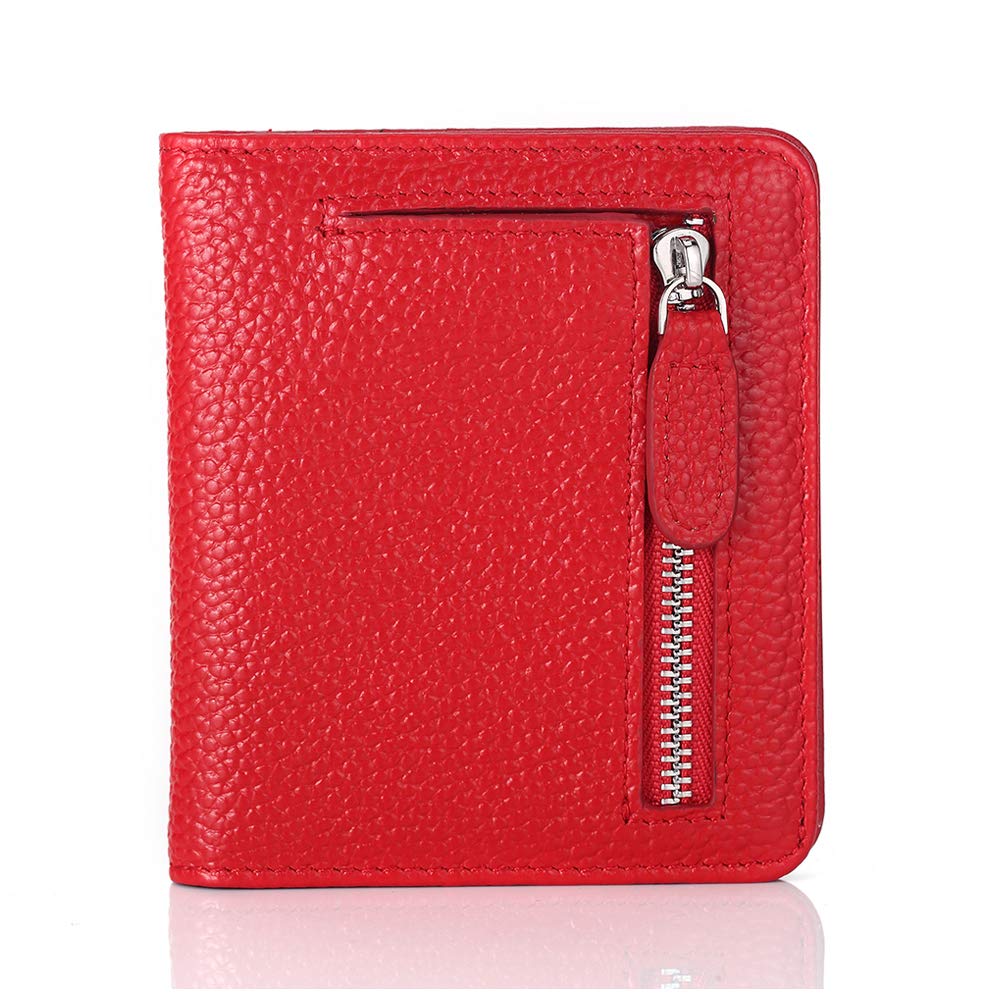 FUNTOR Small Wallets for Women, Ladies Small Compact Bifold Pocket RFID Blocking Genuine Leather Wallet for Women, Red