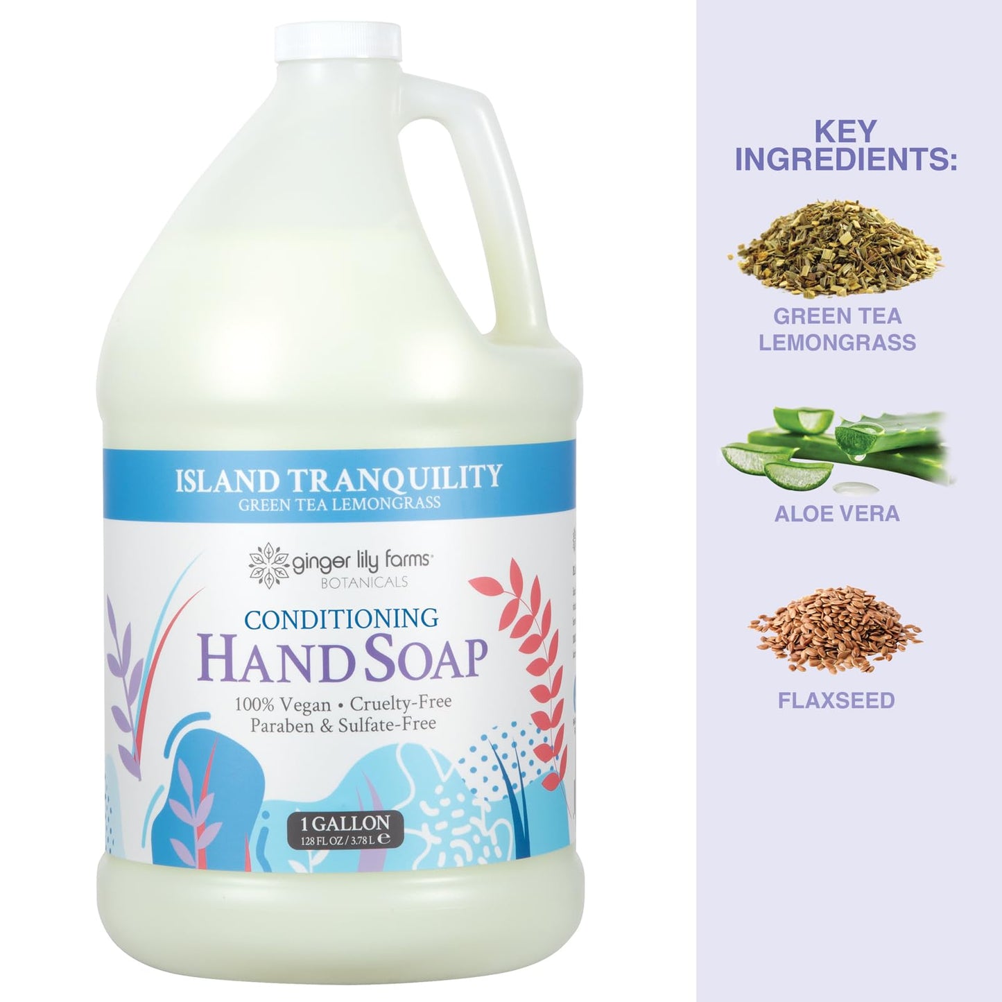 Ginger Lily Farms Botanicals All-Purpose Liquid Hand Soap Refill, Island Tranquility, 100% Vegan & Cruelty-Free, Green Tea Lemongrass Scent, 1 Gallon