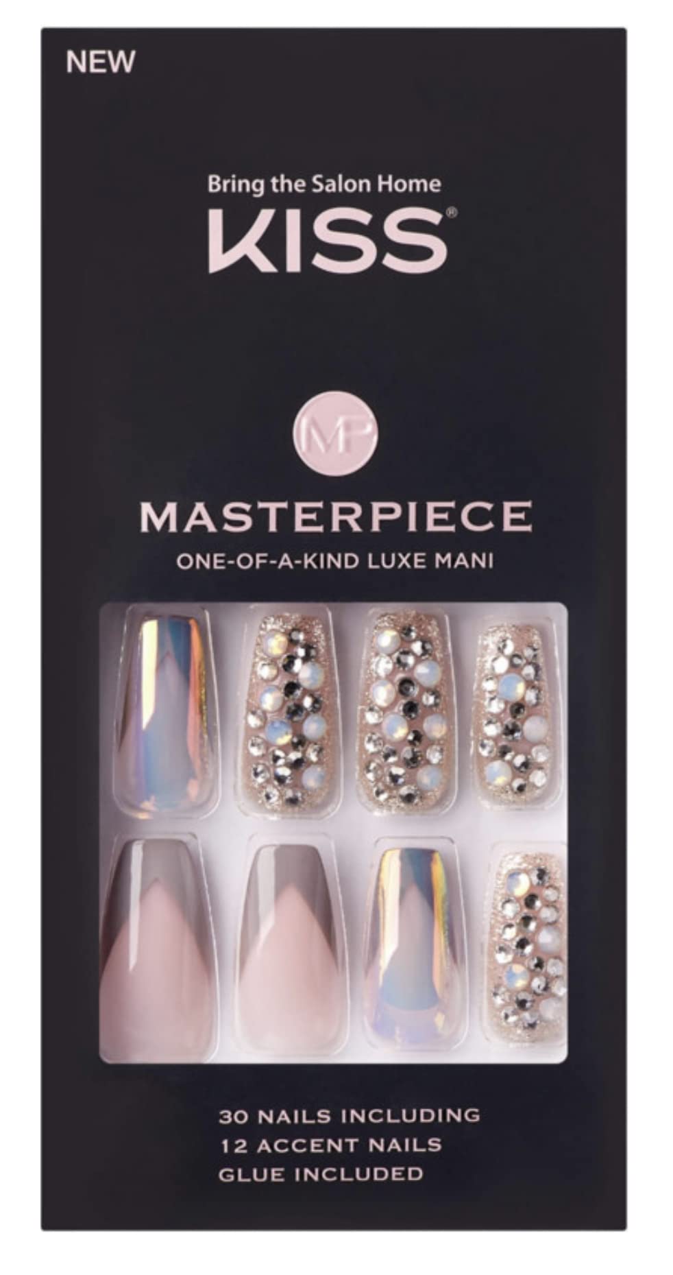 KISS Masterpiece One-Of-A-Kind Luxe Mani Premium Special Effects Design Coffin Shape Glossy Iridescent Glue-On Long Length Nails with Faux Jewels MP01