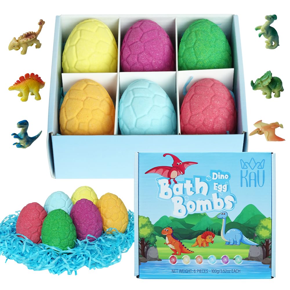 KAV Dinosaur Egg Bath Bombs for Kids - 6pc Fizzy Dino Bath Bomb Gift Set with Surprise Toy Inside - Fun Fizzy Bath Bombs for Boys & Girls, Birthday…