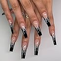 BABALAL Long Press on Nails Coffin Fake Nails Black French Tip Glue on Nails Glossy Acrylic Nails Gothic Falme Design Ballerina False Nails for Women
