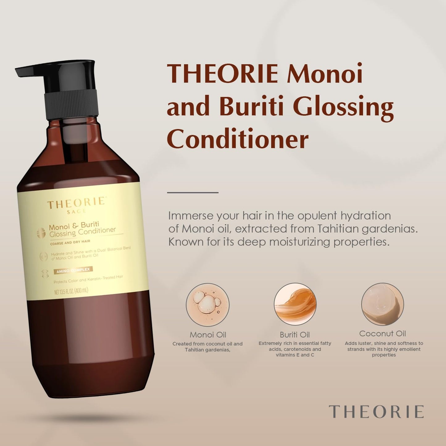 Theorie Monoi and Buriti Glossing Conditioner - Hydrate & Shine - Suited for Coarse and Dry Hair - Protects Color & Keratin Treated Hair, Pump Bottle