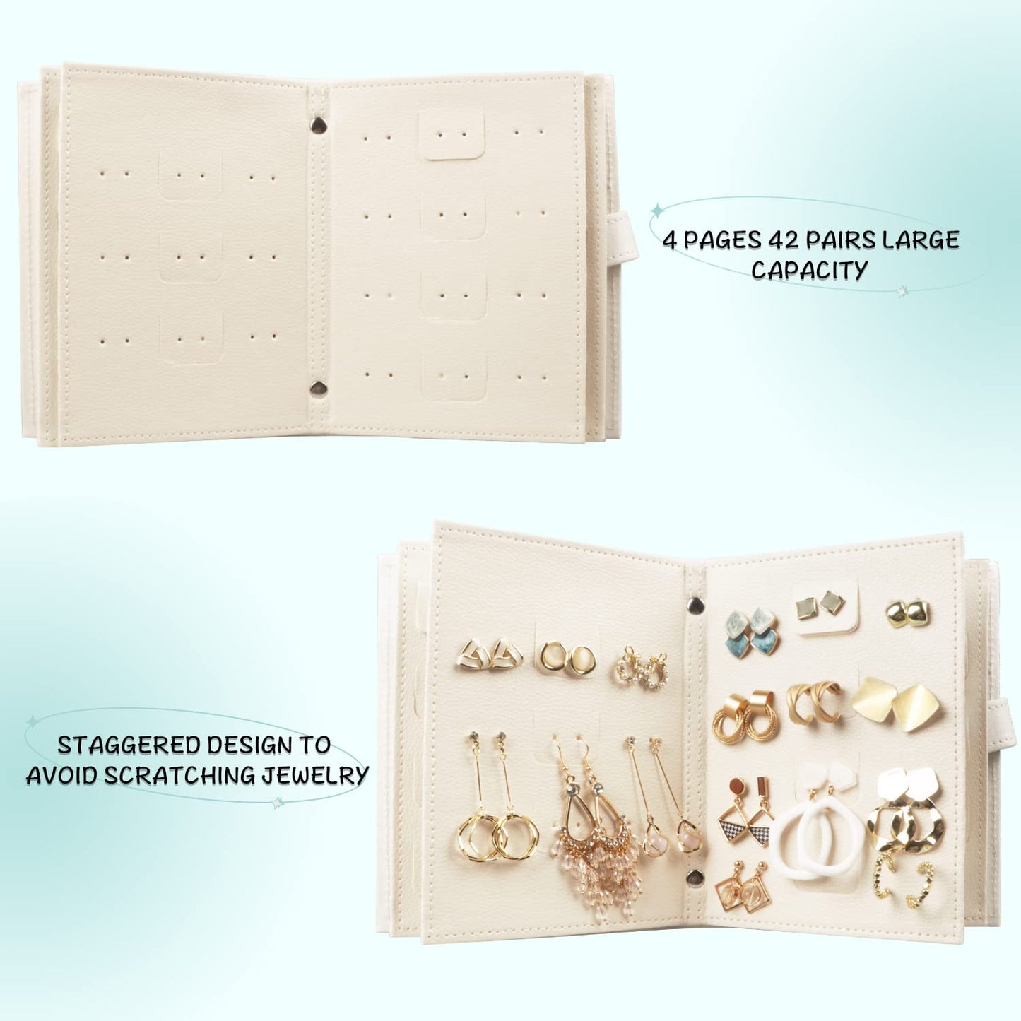 Fangoo Earring Organizer Book Design Earring Holder Travel Jewelry Storage Case Tray Holder, Capable to Hold 42 Pairs (White)