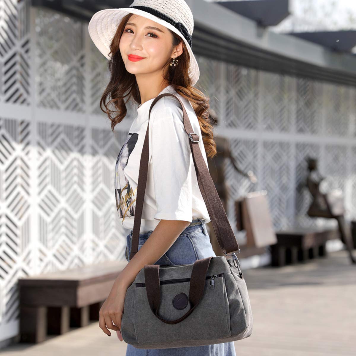 DOURR Hobo Handbags Canvas Crossbody Bags for Women, Multi Compartment Tote Purse Medium Satchel (Gray)