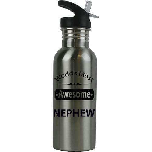 CustomGiftsNow World's Most Awesome Nephew Stainless Steel Water Bottle with Straw Top 20 Ounce 600ml Sport Water Bottle