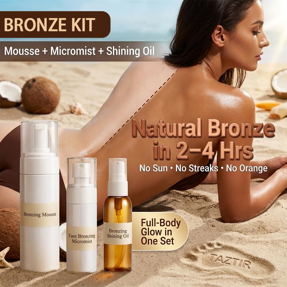 TAZTIR Antique Bronze Mousse Face Bronzer Micro-Mist Spray with Bronzer Shining Oil Set, Mousse/Spray/Oil Trio Set, Natural Bronzer, Moisturizing