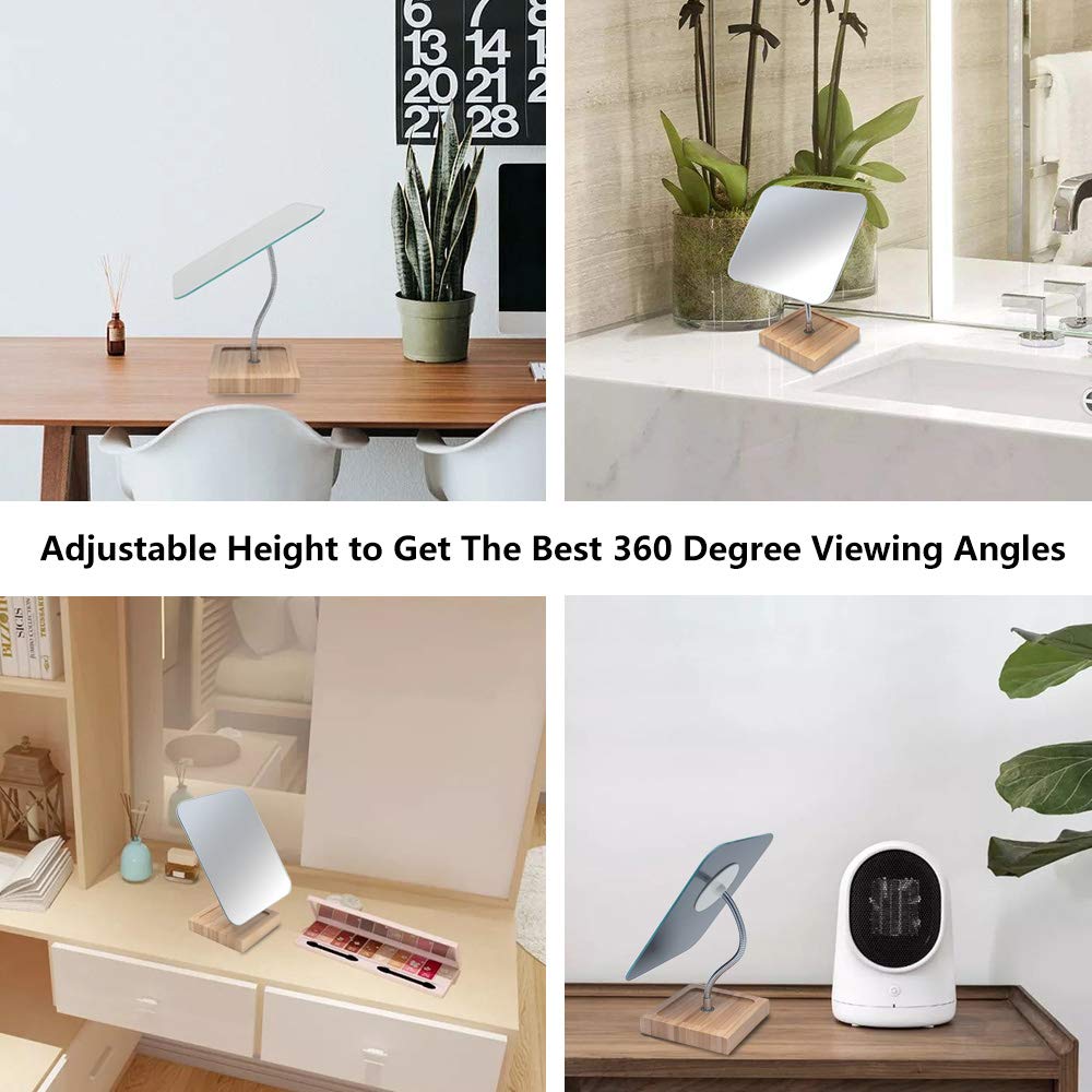 YEAKE Flexible Gooseneck Bamboo Vanity Makeup Mirror,360°Rotation 8" Large Frameless, Folding Portable Table Desk Mirror with Stand for Bathroom