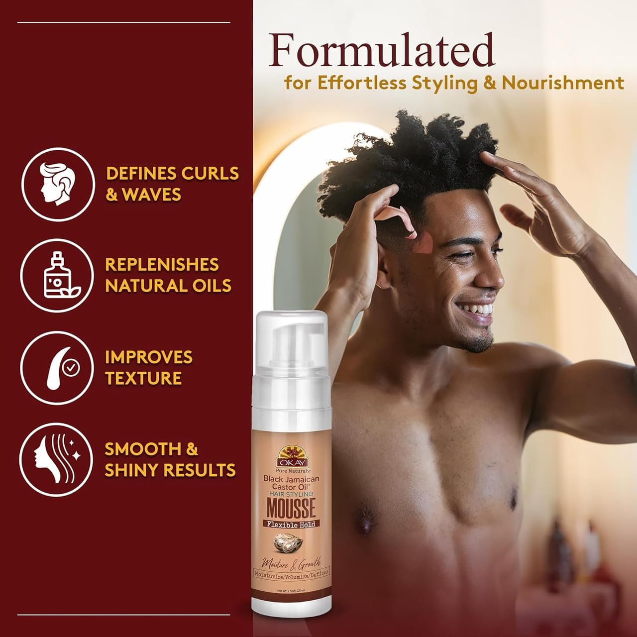 OKAY Black Jamaican Castor Oil Hair Styling Mousse 8 oz - Lightweight Curl Defining Foam for Volume, Frizz Control & Flexible Hold - Moisturizing