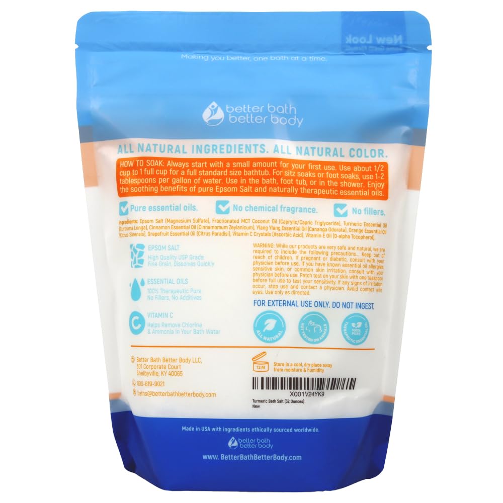 Turmeric Bath Salt 32 Oz Epsom Salt with Essential Oils Turmeric, Cinnamon, Orange Plus Vitamin C in BPA-Free Pouch with Easy Press-Lock Zipper |