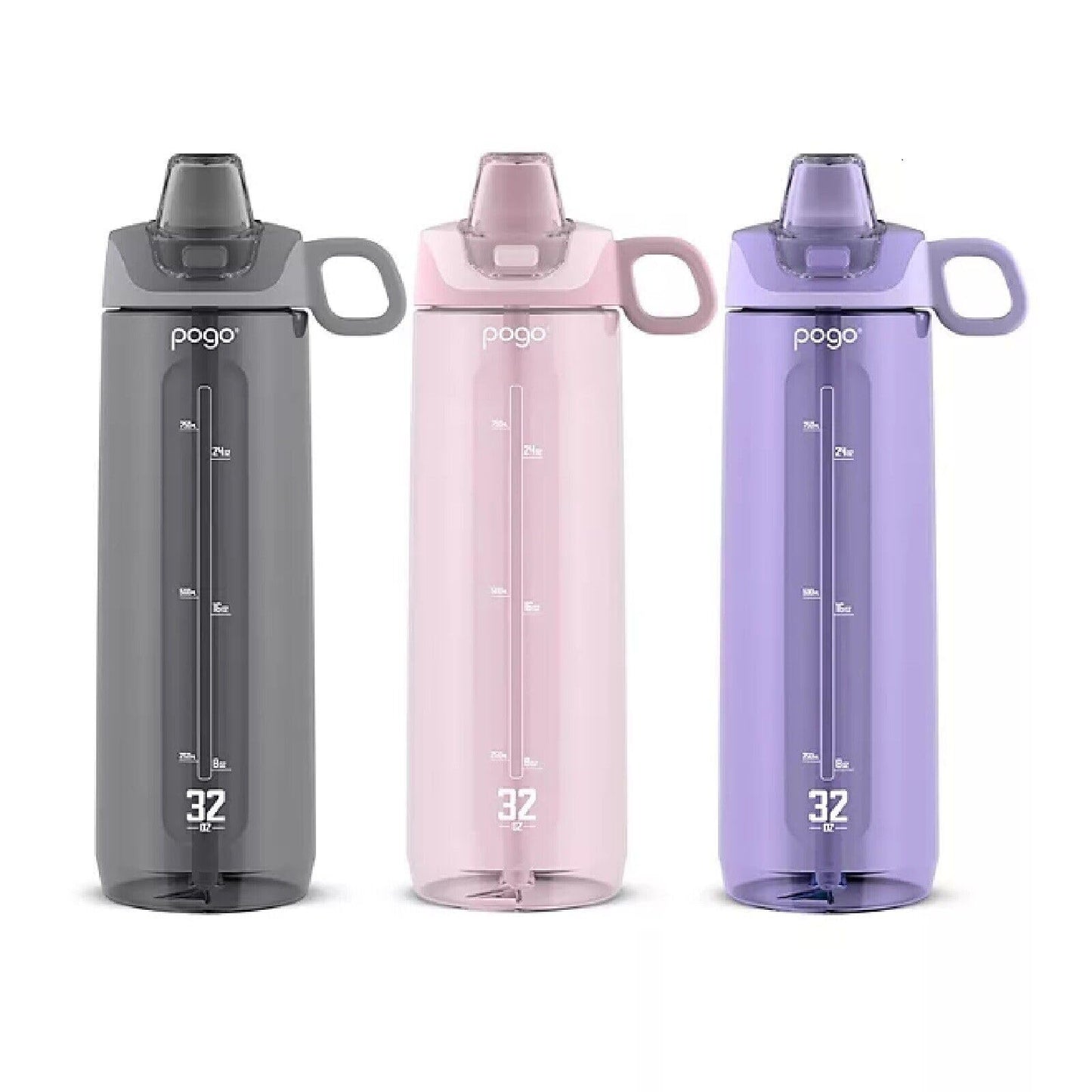 Pogo BPA Free Tritan Water Bottles with Flip Lid and Straw - 32 Ounce, 3 Pack (Lilac, Pink Satin, Gray)