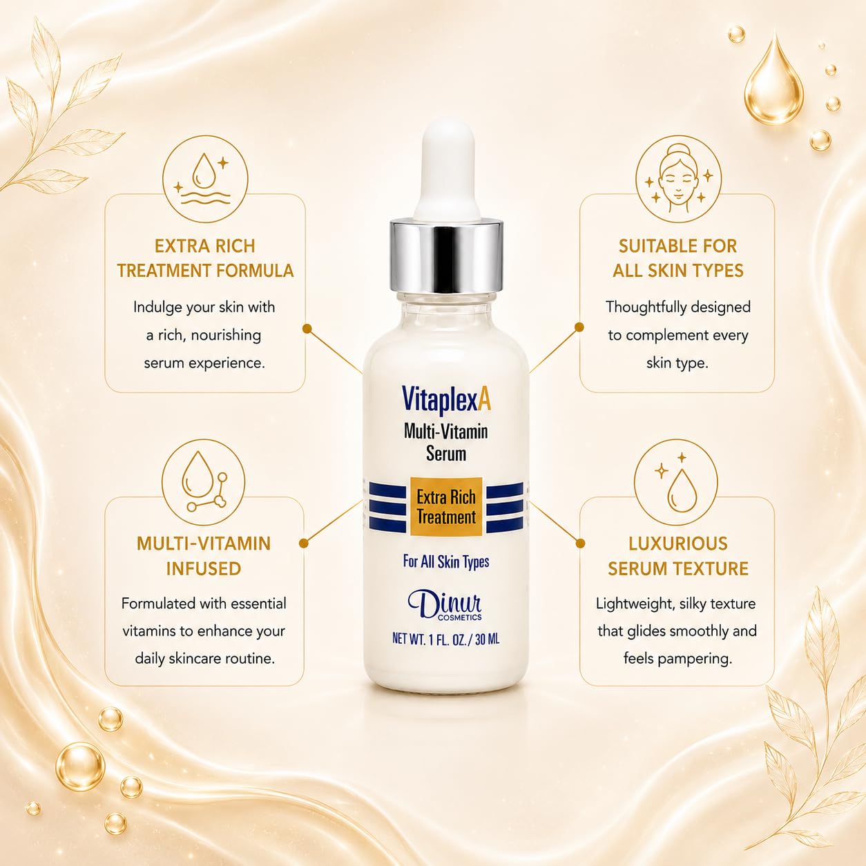 Dinur Cosmetics Vitaplex A Multi-Vitamin Serum Extra Rich Treatment for All Skin Types 1 fl. oz./ 30 ml.