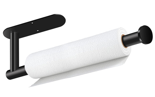 Paper Towel Holder – Self-Adhesive or Drill Mount, Under-Cabinet Stainless Steel in Black for Kitchen, Bathroom, Sink, Pantry & Fridge