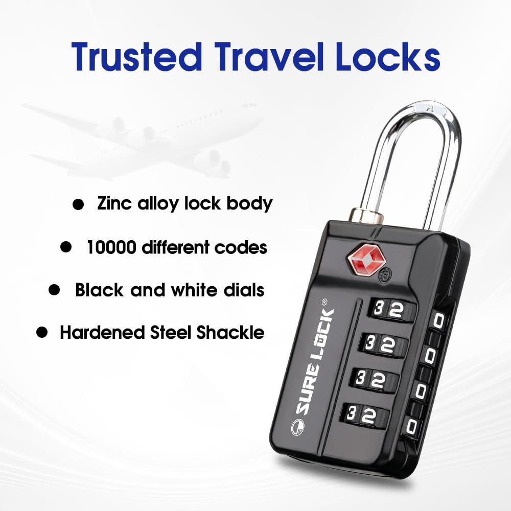 SURE LOCK TSA Approved Luggage Locks 2 Pack – 4-Digit Resettable Combination with Open Alert, Easy-Read Dials for Suitcases, Lockers & Gym (Black)