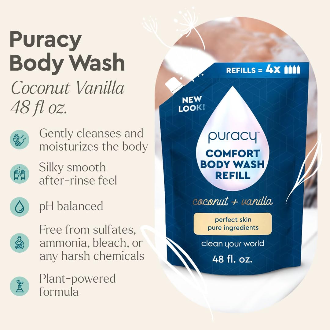 Puracy Body Wash Refill, Natural Body Wash, 98.6% Pure Plant Ingredients, Moisturizing Shower Gel for Women Men Kids, Body Soap for Dry Sensitive