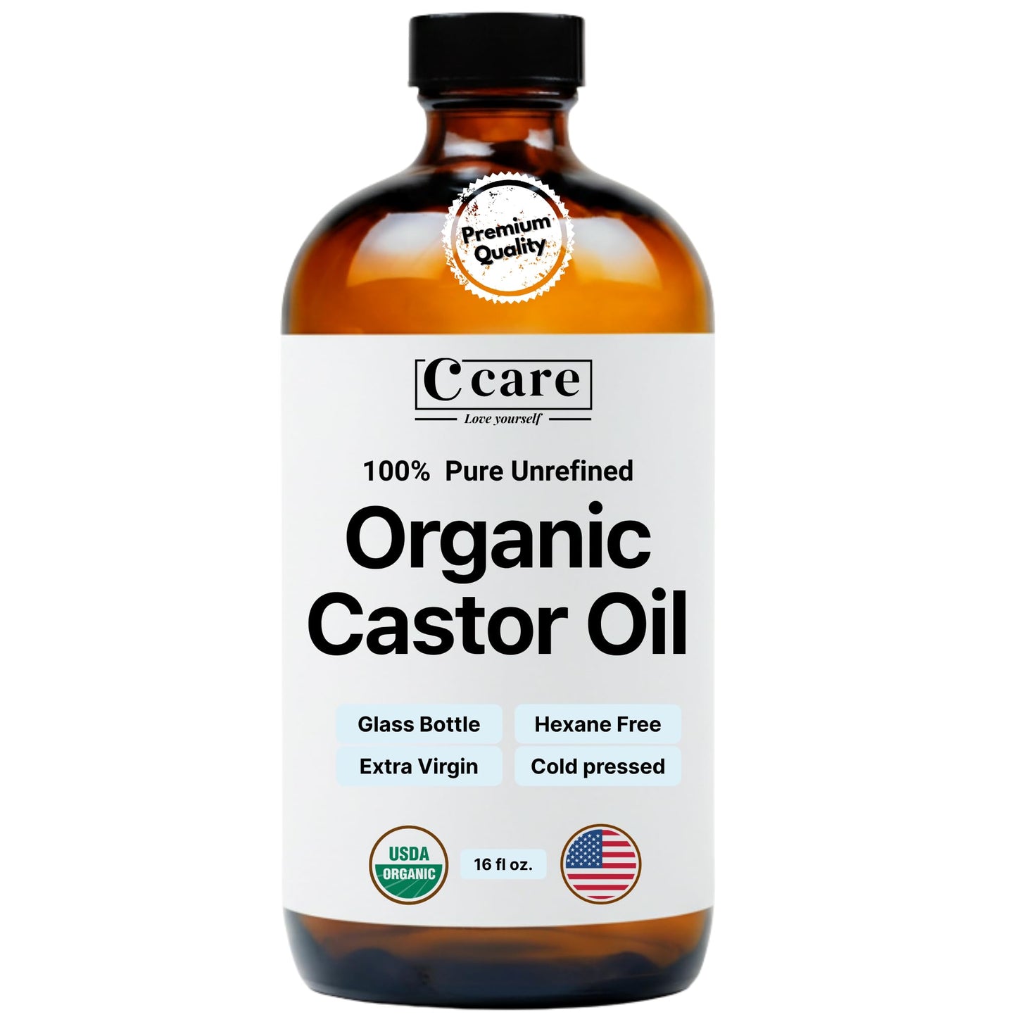 Castor Oil 100% Pure Organic Cold Pressed Unrefined Glass Bottle | USDA Certified Organic | Hexane Free Extra Virgin | for Hair Growth Eyebrows Beauty and Personal Care C CARE Default Title