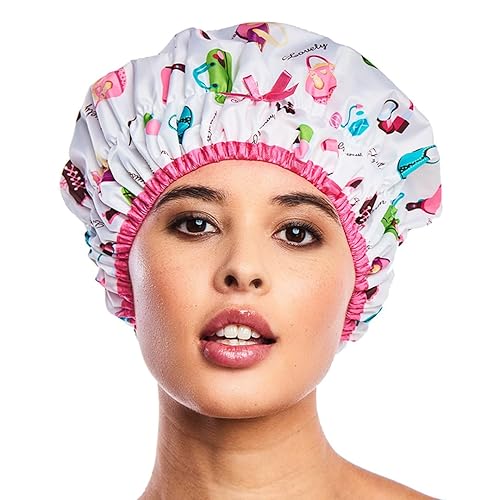 Reusable Shower & Bath Cap, Lined, Oversized Waterproof Shower Caps Large Designed for all Hair Lengths with Lining & Elastic Band Stretch Hem Hair