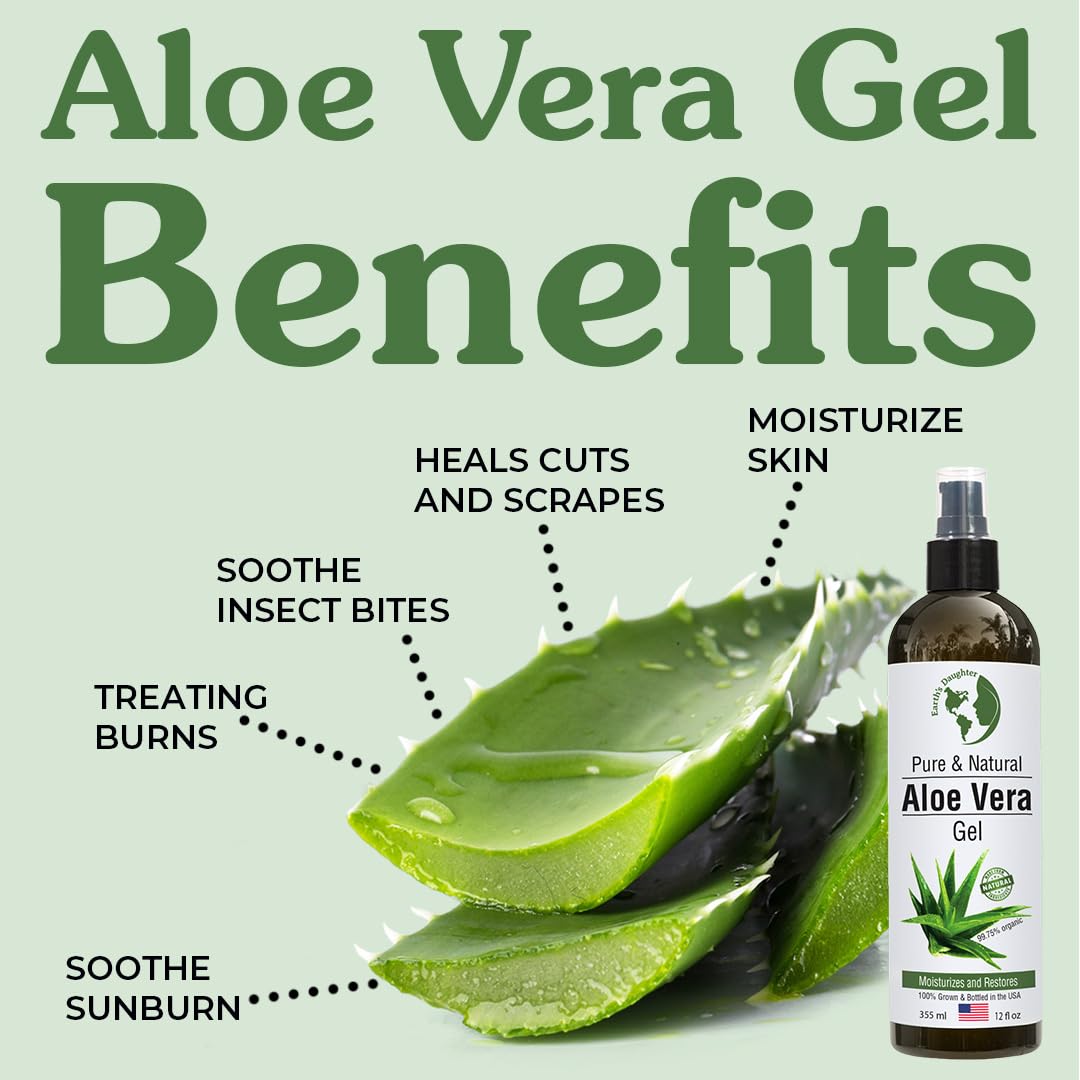 Earth's Daughter Organic Aloe Vera Gel from 100% Pure and Natural Cold Pressed Aloe - Moisturizes - Great for Face - Hair- Sunburn - Aftershave - Bug